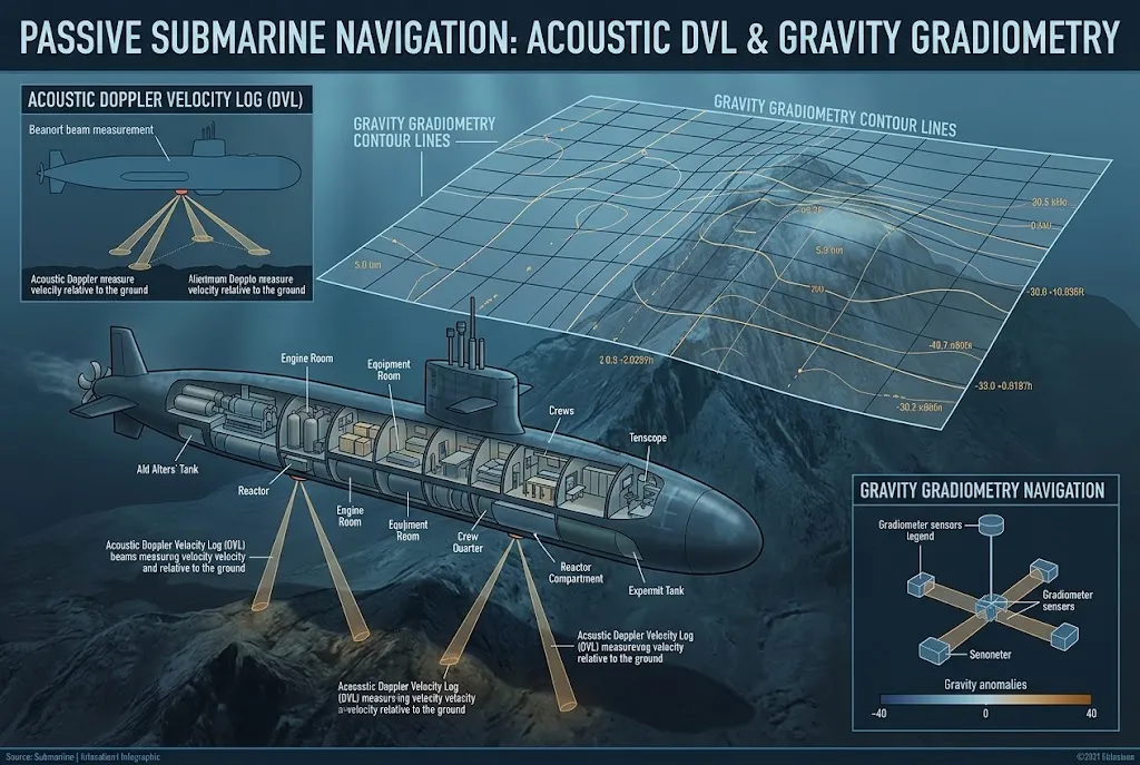 Cross-section diagram showing Doppler velocity log bottom tracking and seafloor gravity contour matching
