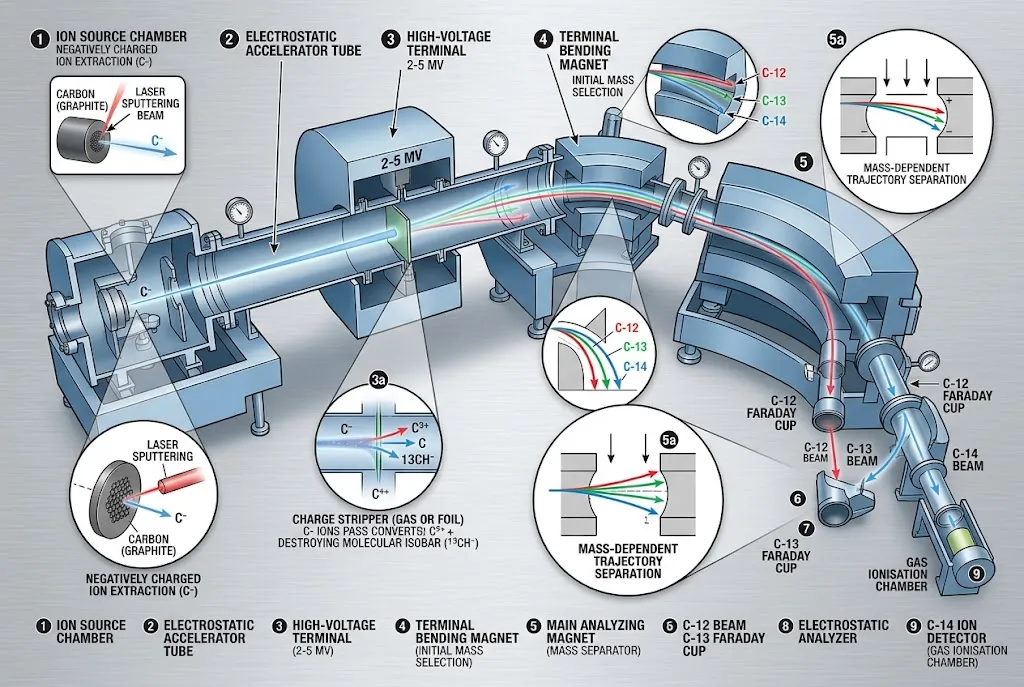 Cutaway diagram of an accelerator mass spectrometer separating carbon isotopes through magnetic deflection