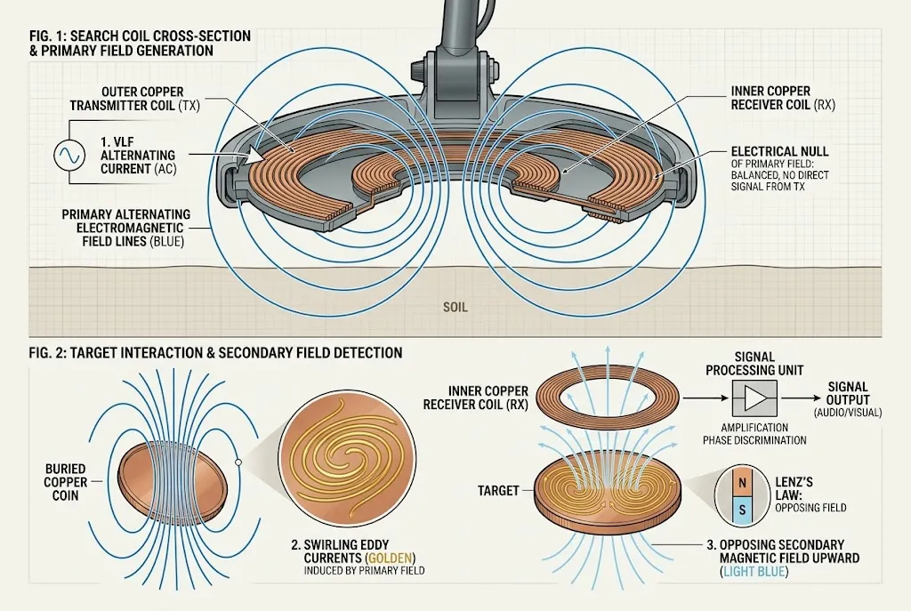 Cutaway diagram of metal detector transmitter coil, buried target eddy currents, and receiver coil signal