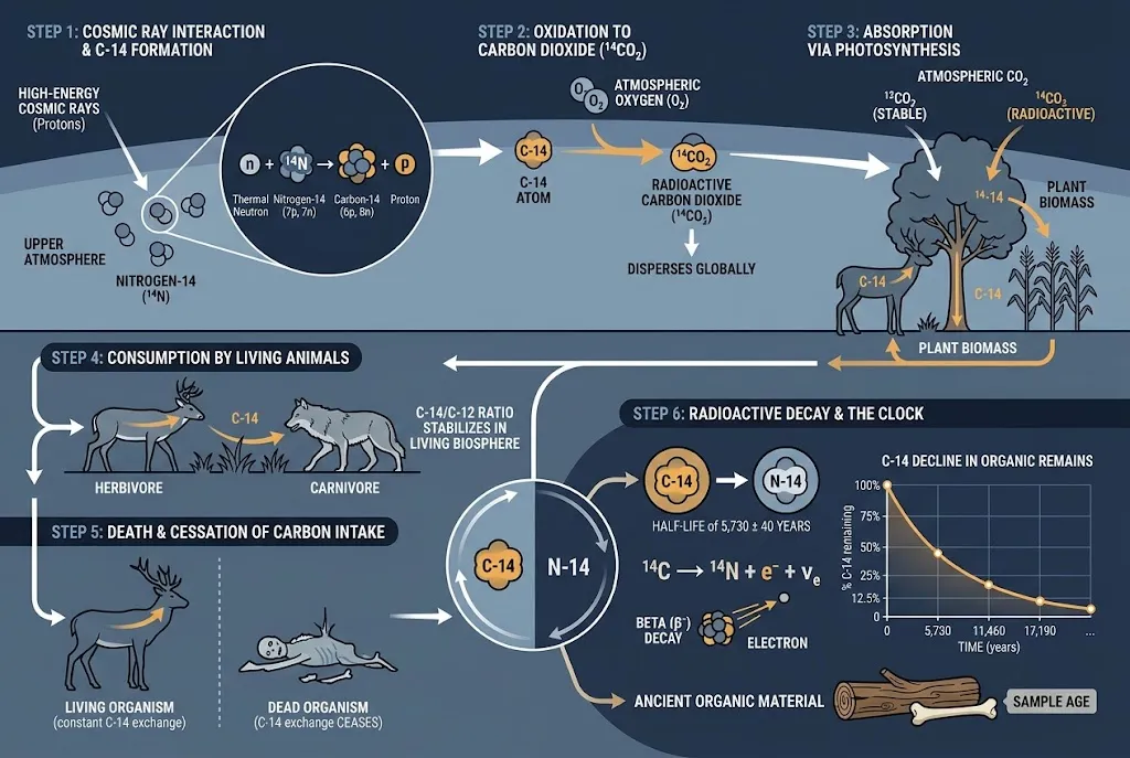 Diagram illustrating the formation of carbon-14 from cosmic rays and its path through the food chain to radioactive decay