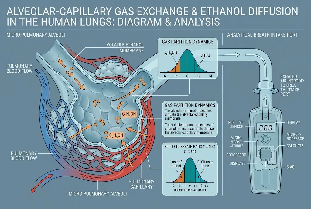 Diagram showing alveolar gas exchange where ethanol diffuses from lung capillaries into breath at a 2,100 to 1 partition ratio.
