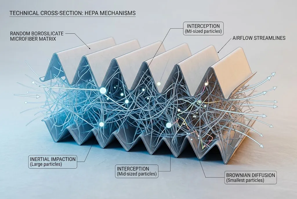 Diagram showing the physical mechanisms of HEPA filtration including impaction, interception, and Brownian diffusion
