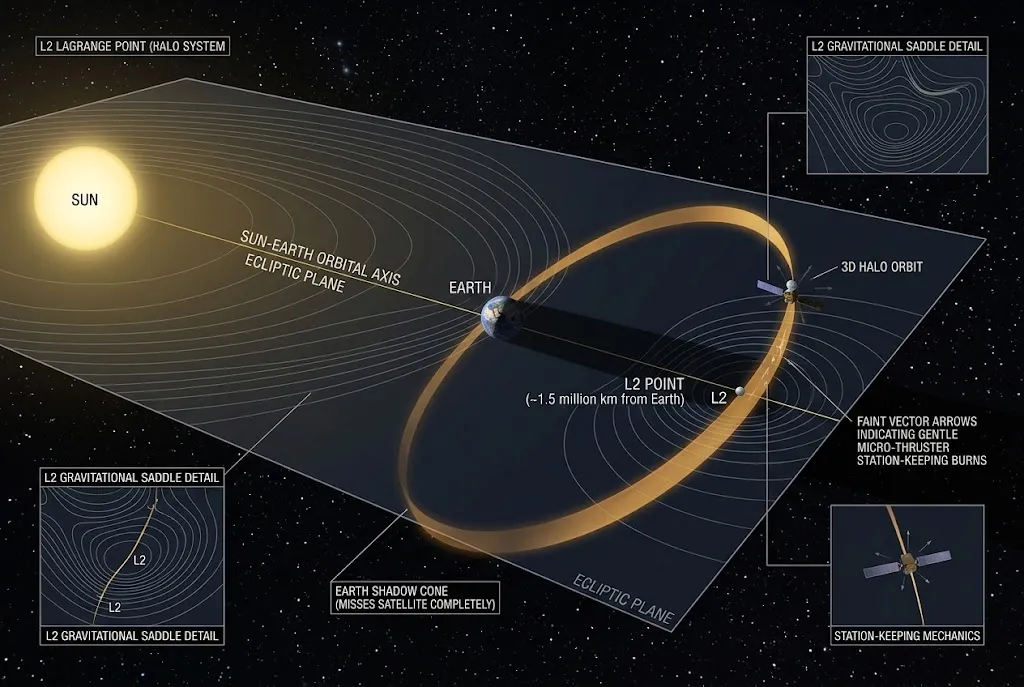 Infographic showing a spacecraft executing a halo orbit around the Sun-Earth L2 point without crossing Earth's shadow