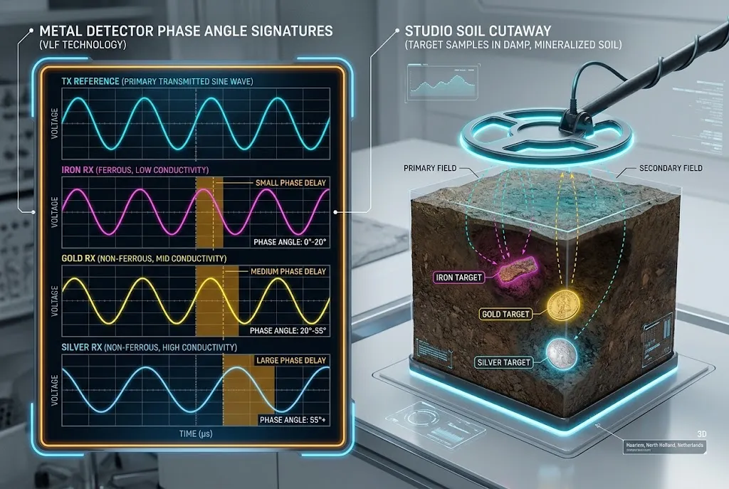 Infographic showing oscilloscope waveforms of metal detector phase shift delays for iron, gold, and silver