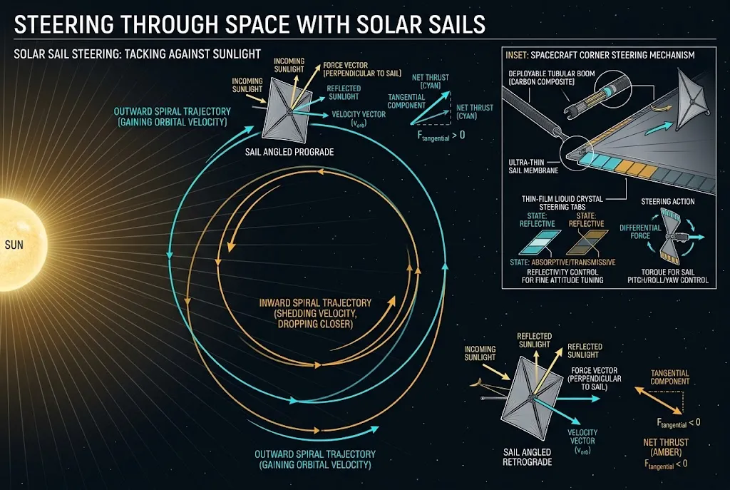 Orbital diagram explaining solar sail tacking trajectories for inward and outward travel