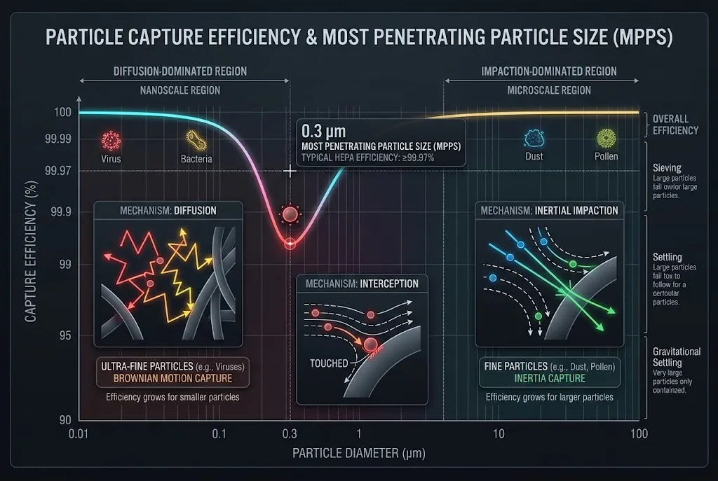 Scientific filtration efficiency curve showing the most penetrating particle size dip at 0.3 microns