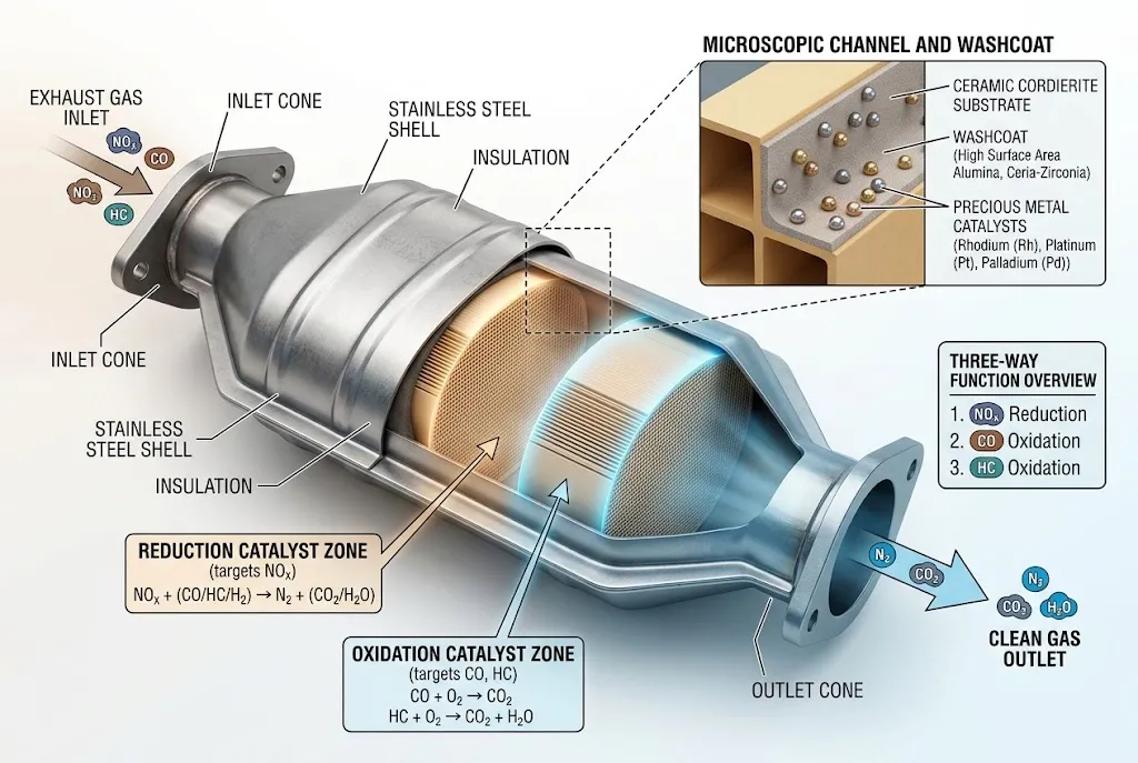 Technical cross-section diagram of an automotive catalytic converter illustrating its ceramic core and gas flow