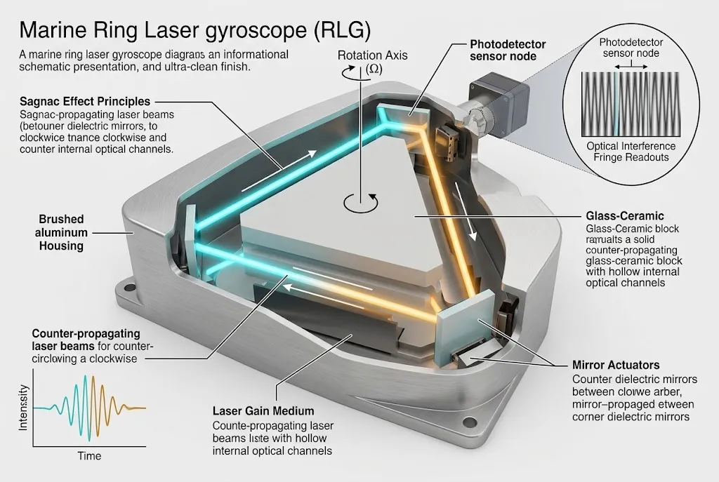 Technical cutaway diagram of a naval ring laser gyroscope showing counter-propagating laser paths and Sagnac interference