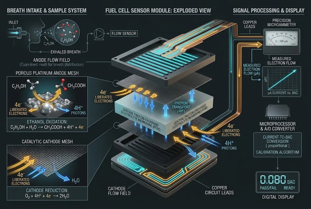 Technical cutaway diagram of an electrochemical breathalyzer fuel cell showing platinum electrodes oxidizing ethanol.