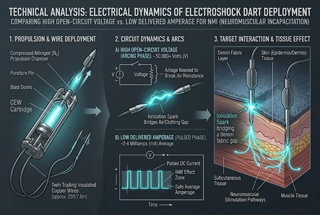 Technical cutaway diagram of Taser dart deployment and electrical circuit formation