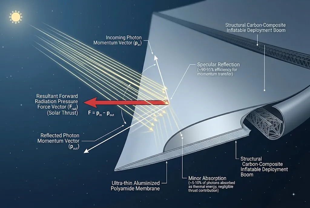 Technical diagram showing photon momentum transfer and reflection vectors on a solar sail