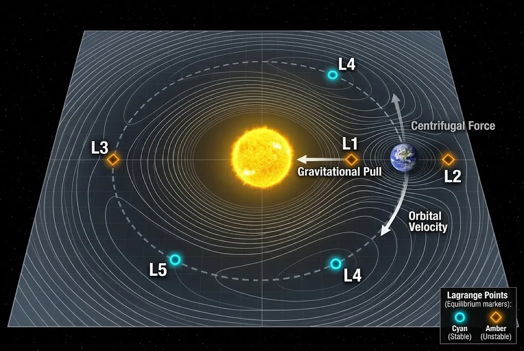 Technical diagram showing the locations and gravitational contours of the five Sun-Earth Lagrange points